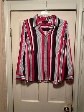 Jones New York Red Black and White Striped Button-Up Blouse